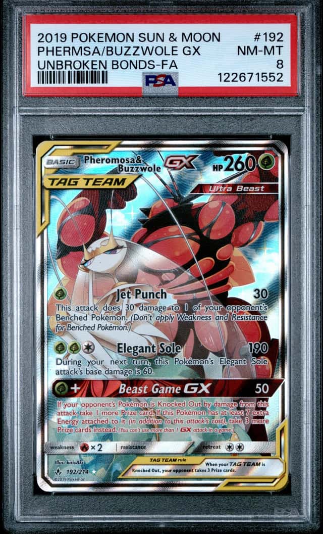 2019 POKEMON SUN & MOON UNBROKEN BONDS FULL ART/PHEROMOSA & BUZZWOLE GX PSA 8