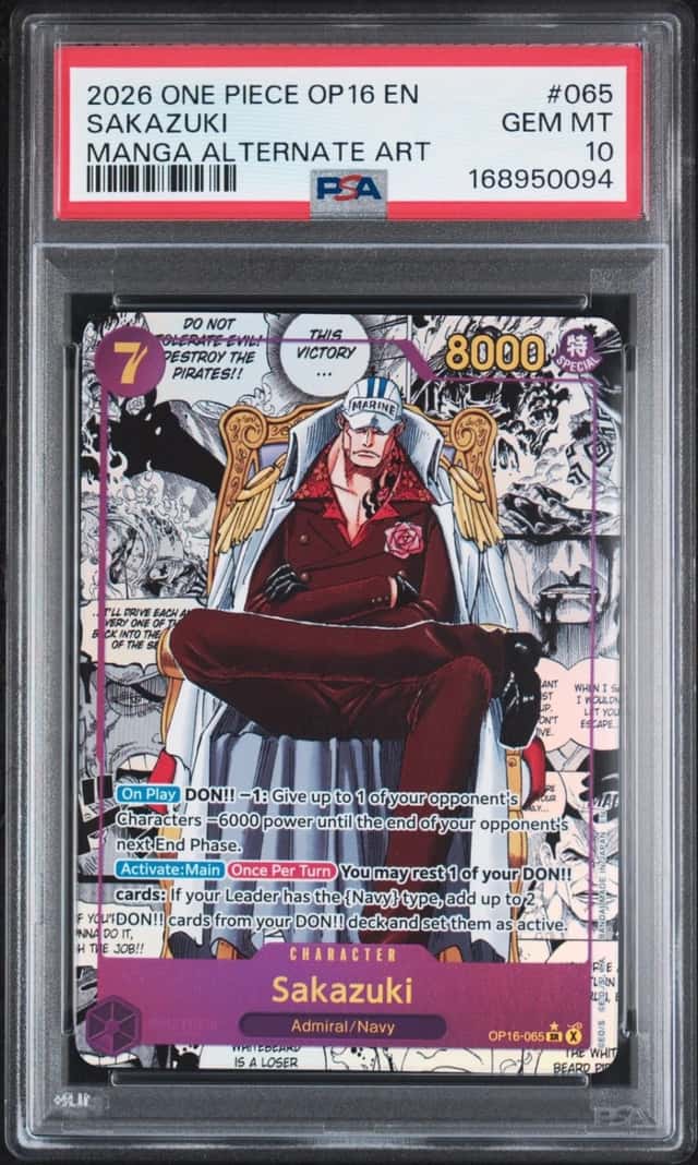 2026 ONE PIECE OP16-THE TIME OF BATTLE MANGA ALTERNATE ART #065 SAKAZUKI PSA 10