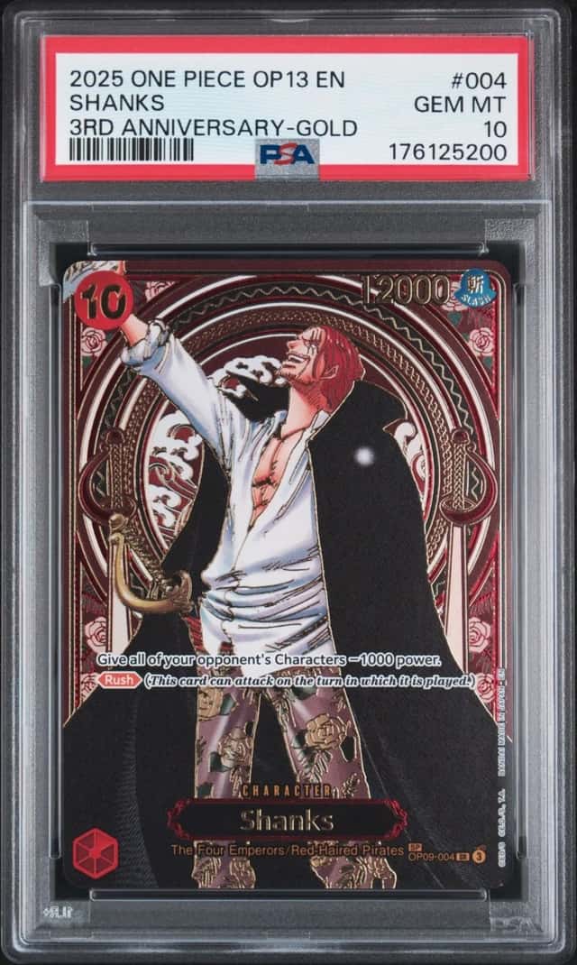 2025 ONE PIECE OP13-CARRYING ON HIS WILL 3RD ANNIVERSARY-GOLD #004 SHANKS PSA 10