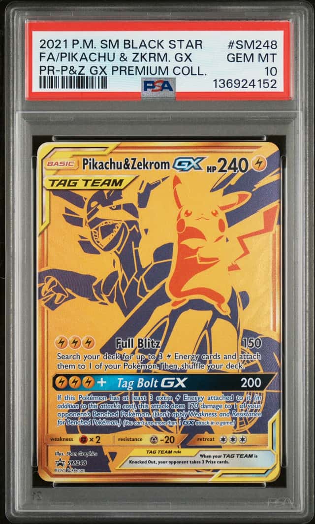 PIKACHU & ZEKROM GX 2021 POKEMON PREMIUM COLL SM248 FULL ART PSA 10 Q3963-7