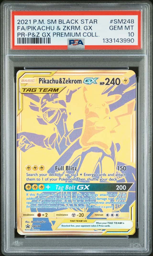 PIKACHU & ZEKROM GX 2021 POKEMON PREMIUM COLL #SM248 FULL ART PSA 10 Q3963-7