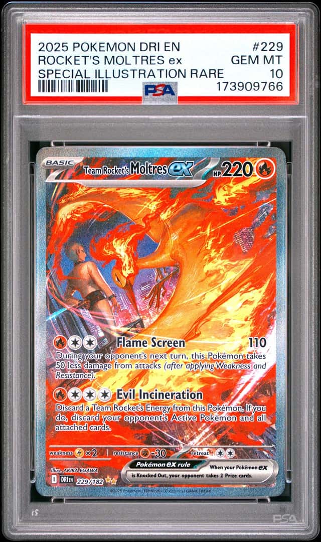 2025 POKEMON DRI SPECIAL ILLUSTRATION RARE #229 TEAM ROCKET'S MOLTRES EX PSA 10