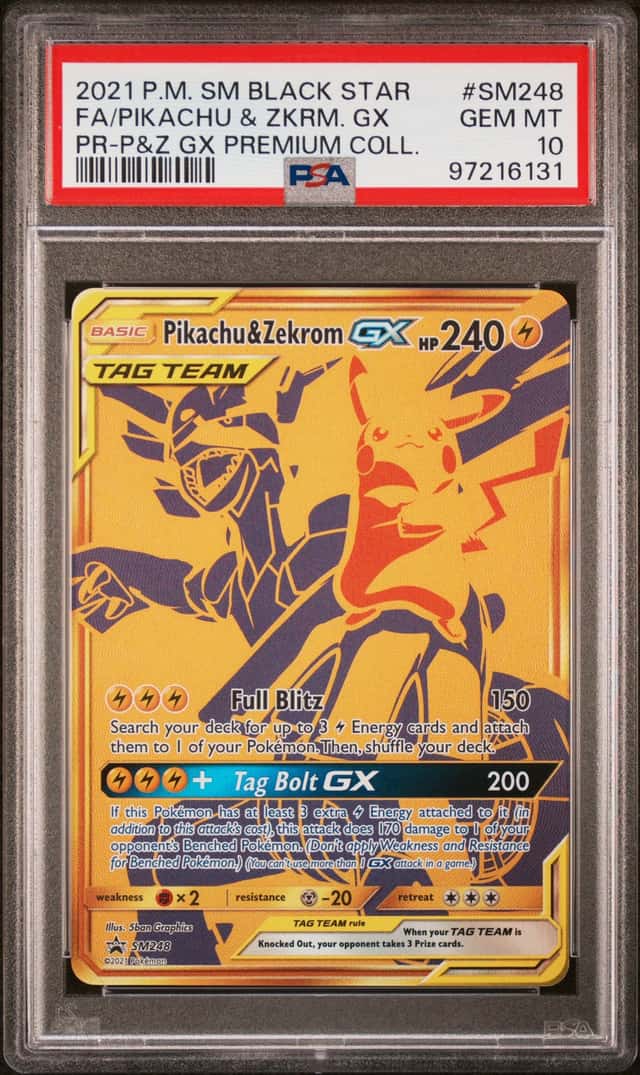 PIKACHU & ZEKROM GX 2021 POKEMON PREMIUM COLL SM248 FULL ART PSA 10 Q3963-7
