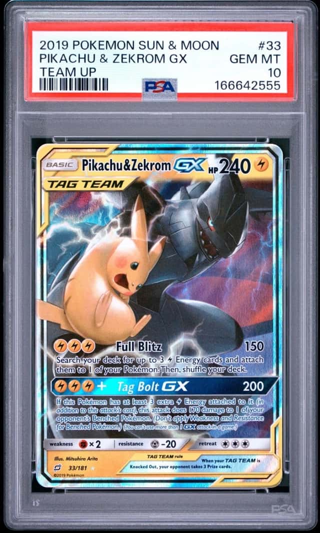 2019 POKEMON SUN & MOON TEAM UP #33 PIKACHU & ZEKROM GX PSA 10