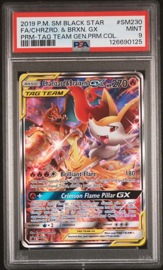 2019 POKEMON SM TAG TEAM GENERATION #SM230 FULL ART/CHARIZARD & BRAIXEN GX PSA 9