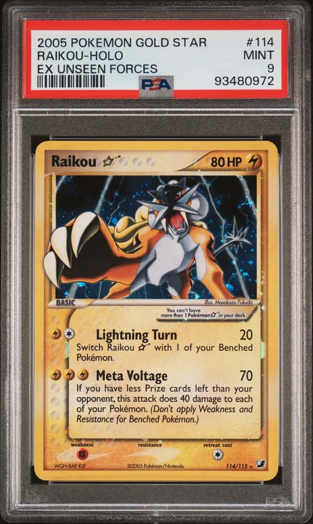 2005 Pokemon EX Unseen Forces Raikou Gold Star Holo #114 PSA 9 MINT