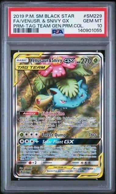 POKEMON VENUSR. & SNIVY GX 2019 BSP #SM229 FA PRM-TAG TEAM GEN.PRM. COL PSA 10