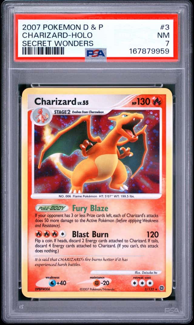PSA 7 *HOLO BLEED*✨Charizard Secret Wonders 3/132 Holo Swirl 🌀 2007 Pokémon