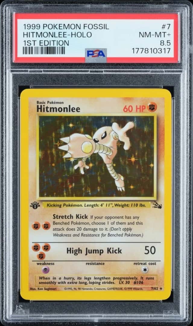 1999 Pokemon Hitmonlee 7/62 Fossil Holo 1st Edition PSA 8.5