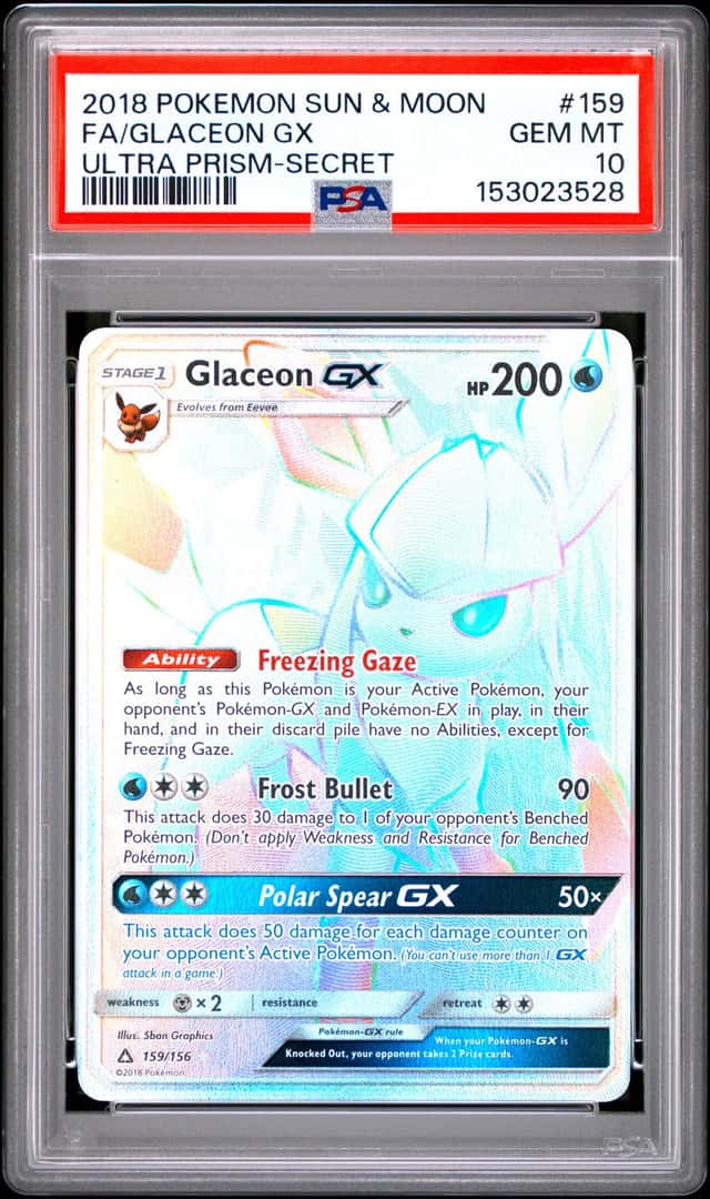 Pokémon 2018 Glaceon GX 159/156 Secret Rare Holo Ultra Prism PSA 10