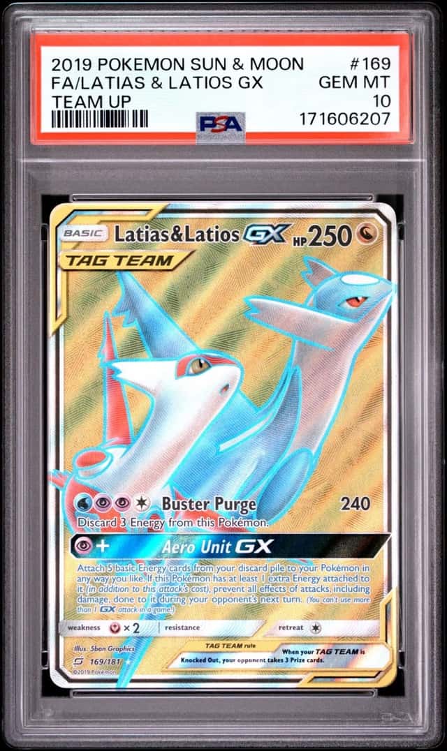 2019 POKEMON SUN & MOON TEAM UP #169 FULL ART/LATIAS & LATIOS GX PSA 10