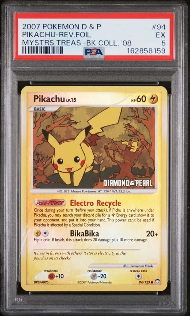 2007 POKEMON DIAMOND & PEARL MYSTERIOUS TREASURES #94 PIKACHU-REVERSE FOIL PSA 5