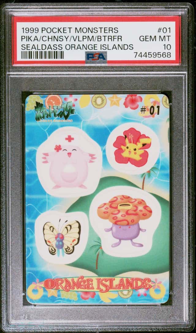 1999 POCKET MONSTERS SEALDASS ORANGE ISLANDS #01 PIKA/CHNSY/VLPM/BTRFR PSA 10