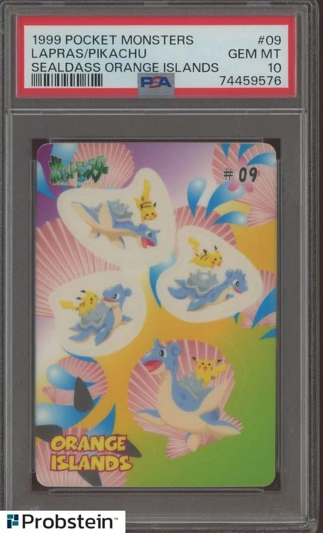 1999 POCKET MONSTERS SEALDASS ORANGE ISLANDS #09 LAPRAS/PIKACHU POKEMON PSA 10