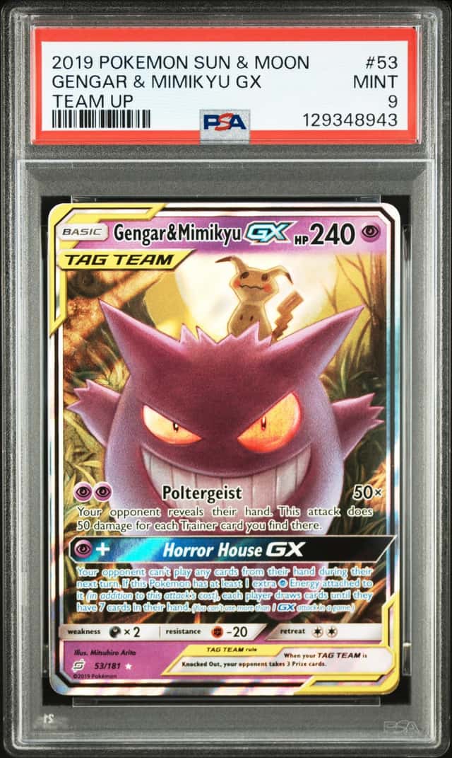 2019 Pokemon Sun & Moon Team Up 53/181 Gengar & Mimikyu GX PSA 9