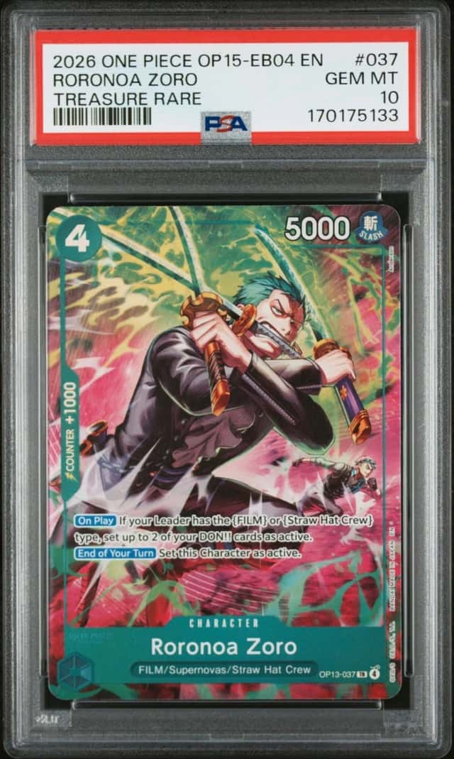 2026 ONE PIECE OP15-EB04-ADVENTURE ON KAMI'S ISLAND #037 RORONOA ZORO PSA 10