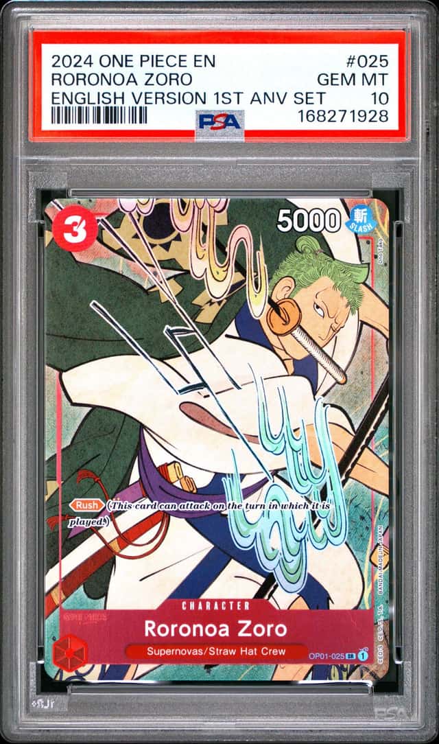 2024 ONE PIECE ENGLISH VERSION 1ST ANNIVERSARY SET #025 RORONOA ZORO PSA 10