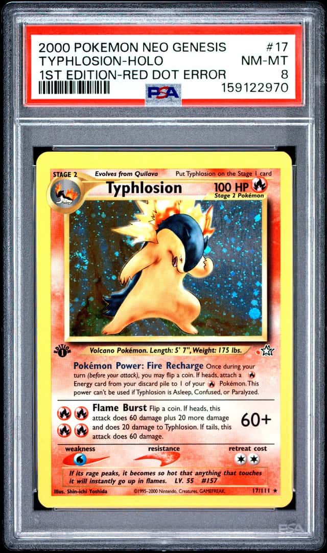 2000 Pokemon Neo Genesis 1st Edition Red Dot Error Holo #17 Typhlosion - PSA NM-MT 8