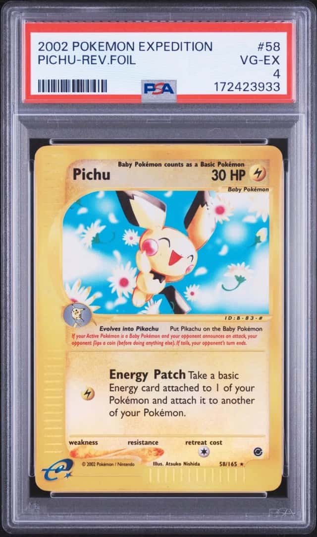 2002 POKEMON EXPEDITION #58 PICHU-REVERSE FOIL PSA 4