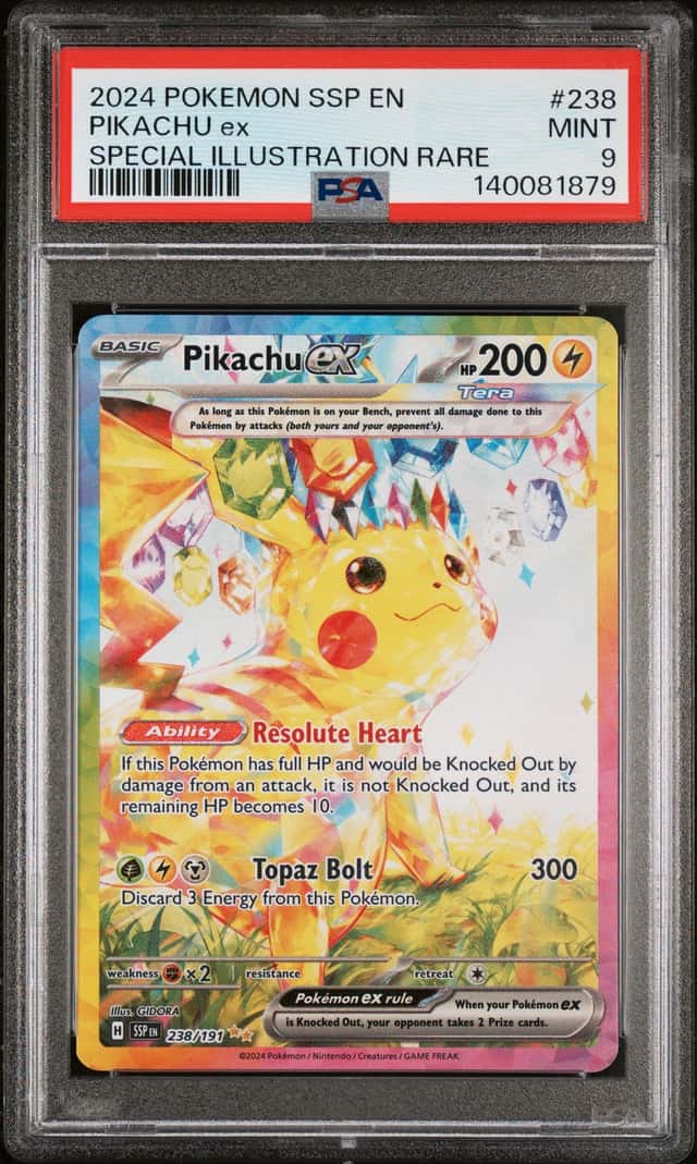 Pokemon Pikachu ex 238/191 SV08 Surging Sparks SIR Full Art Holo PSA 9