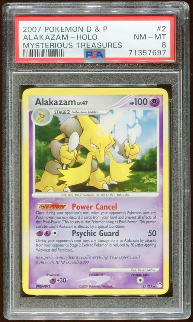 2007 POKEMON D & P MYSTERIOUS TREASURES ALAKAZAM LV. 47 #2/123 HOLO PSA 8 E10