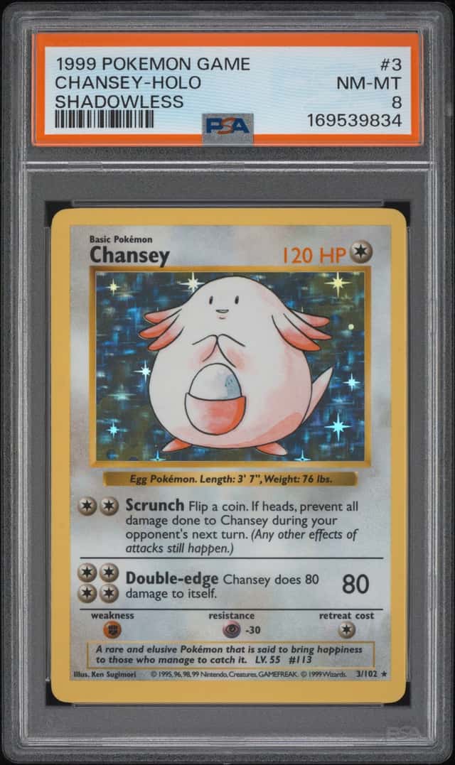 1999 POKEMON BASE SET SHADOWLESS #3 CHANSEY-HOLO PSA 8