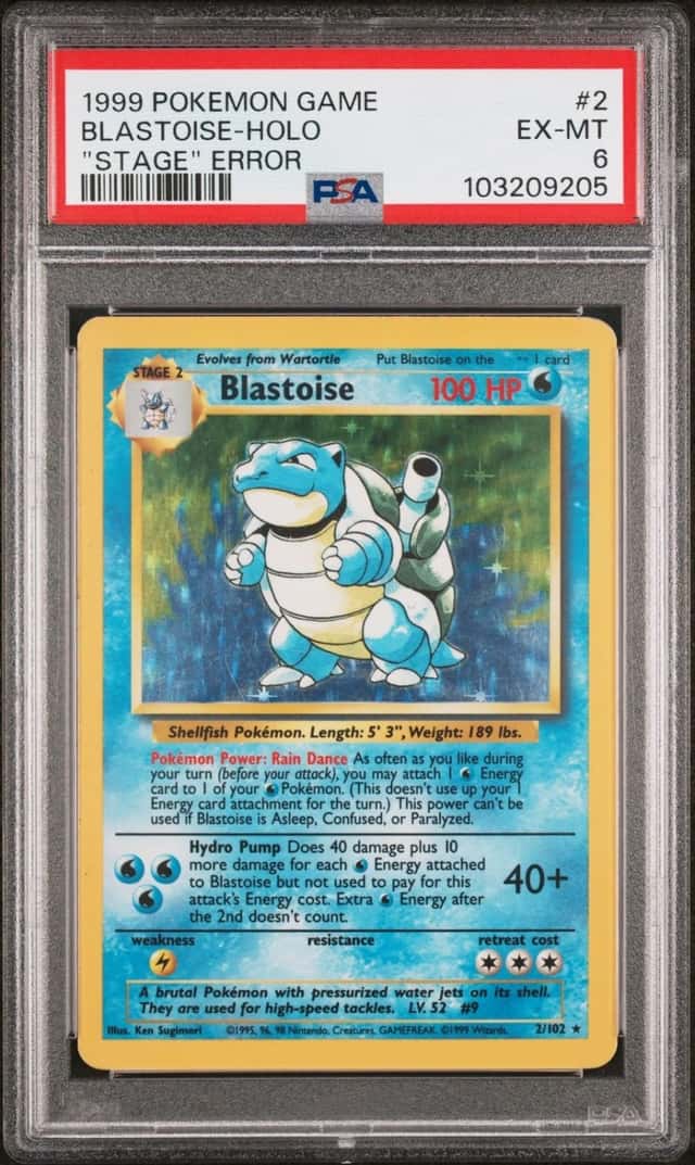 1999 POKEMON BASE SET UNLIMITED "STAGE" ERR #2 BLASTOISE-HOLO PSA 6