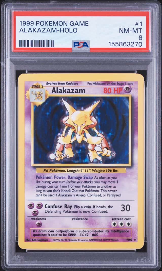 1999 Pokemon Unlimited Alakazam Rare Holo #1/102 PSA 8