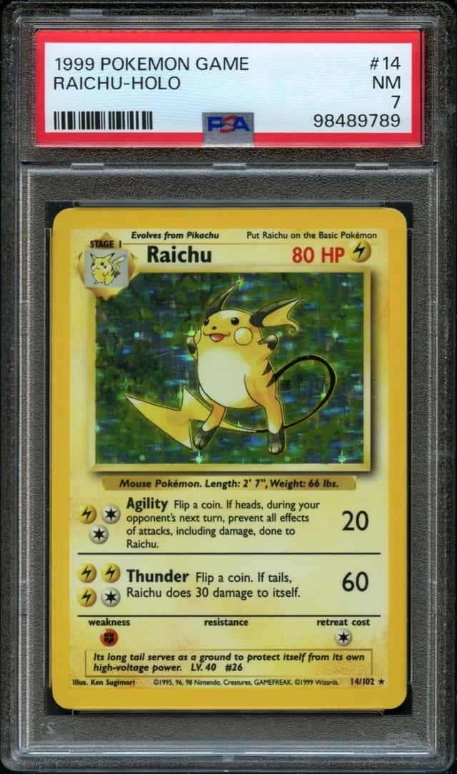 1999 POKEMON BASE SET UNLIMITED #14 RAICHU-HOLO PSA 7 NEAR MINT