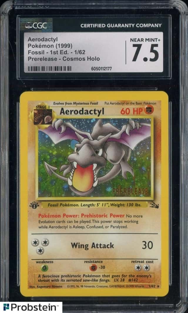 1999 Pokemon Fossil 1st Edition #1/62 Aerodactyl Prerelease Cosmos Holo CGC 7.5