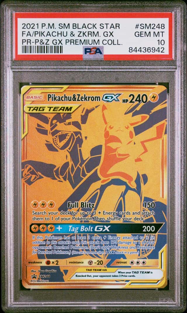 PIKACHU & ZEKROM GX 2021 POKEMON PREMIUM COLL #SM248 FULL ART BSP PSA 10 Q3963-7