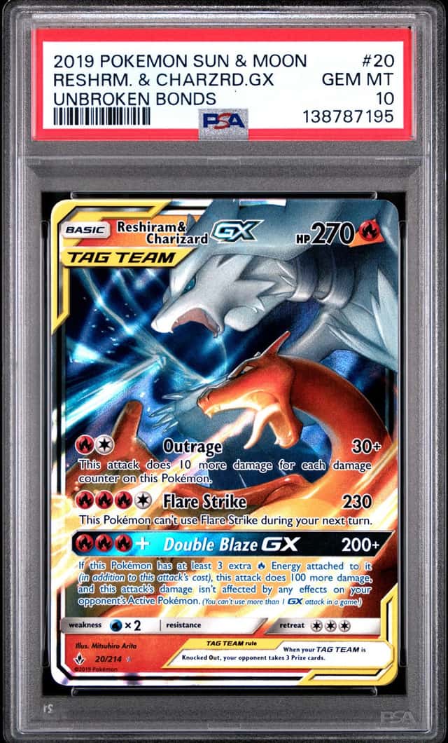 RESHIRAM & CHARIZARD GX POKEMON UNBROKEN BONDS 20/214 ULTRA RARE PSA 10 Q0895