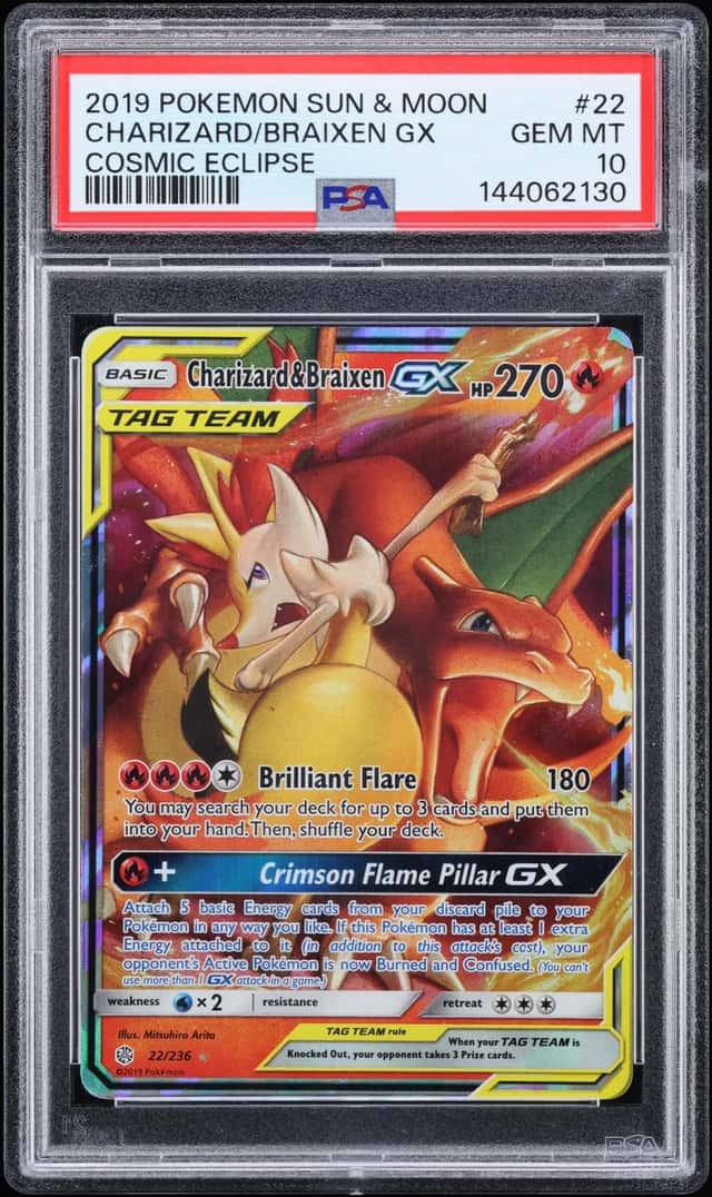 2019 Pokemon Sun & Moon Cosmic Eclipse Holo Charizard & Braixen GX #22 PSA 10 GEM MINT