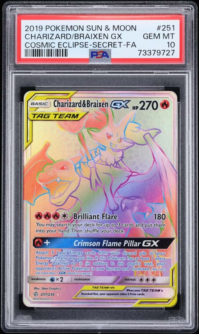 2019 Pokemon Sun & Moon Cosmic Eclipse Rainbow Rare Charizard & Braixen GX #251 PSA 10 GEM MINT