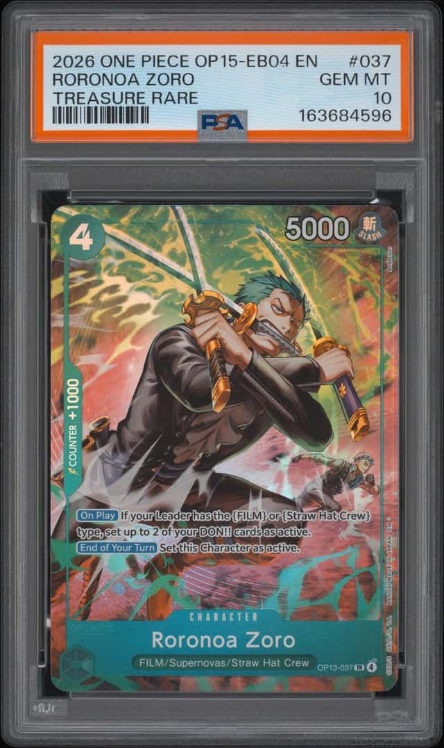 2026 ONE PIECE OP15-EB04-ADVENTURE ON KAMI'S ISLAND #037 RORONOA ZORO PSA 10