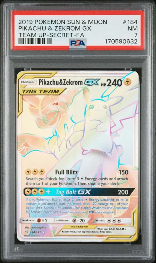 2019 POKEMON SUN & MOON TEAM UP SECRET #184 FULL ART/PIKACHU & ZEKROM GX PSA 7