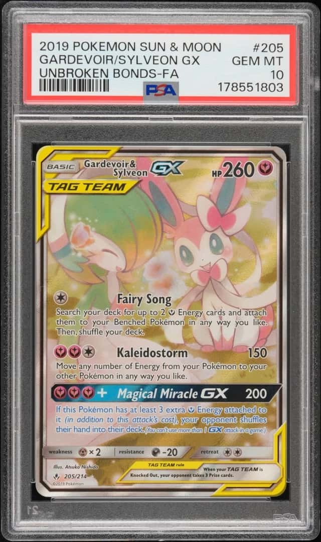 2019 POKEMON SUN & MOON UNBROKEN BONDS FULL ART/GARDEVOIR & SYLVEON GX PSA 10