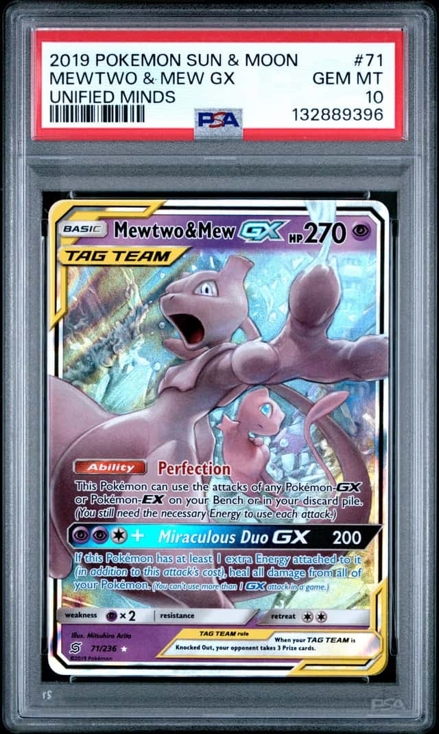 2019 POKEMON MEWTWO & MEW GX UNIFIED MINDS SUN & MOON #71 PSA 10