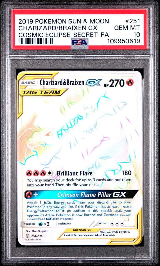 2019 POKEMON SUN & MOON COSMIC ECLIPSE FULL ART/CHARIZARD & BRAIXEN GX PSA 10