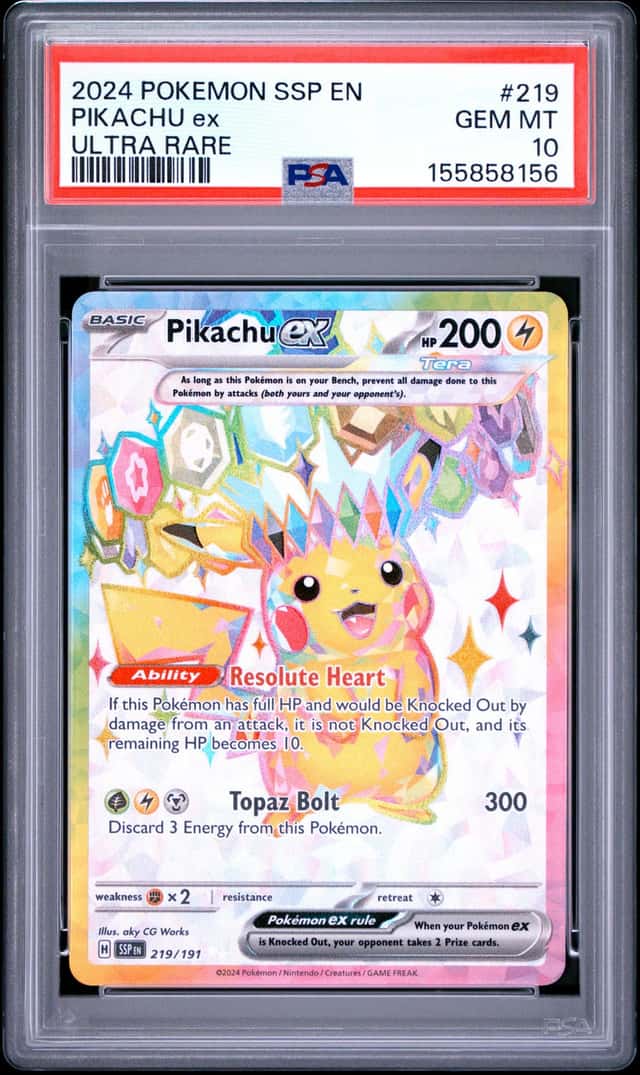 PIKACHU EX 2024 POKEMON SURGING SPARKS 219/191 ULTRA RARE PSA 10 GEM Q4374
