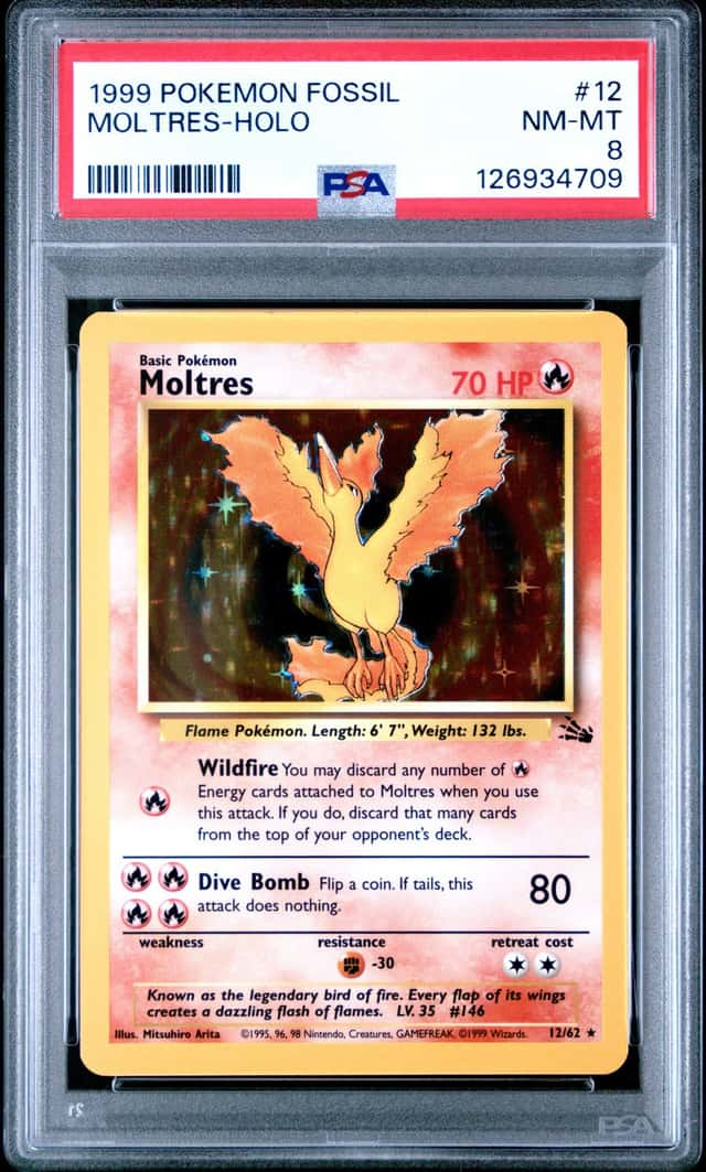 1999 Pokemon TCG Fossil Moltres 12/62 Holo Unlimited English PSA 8