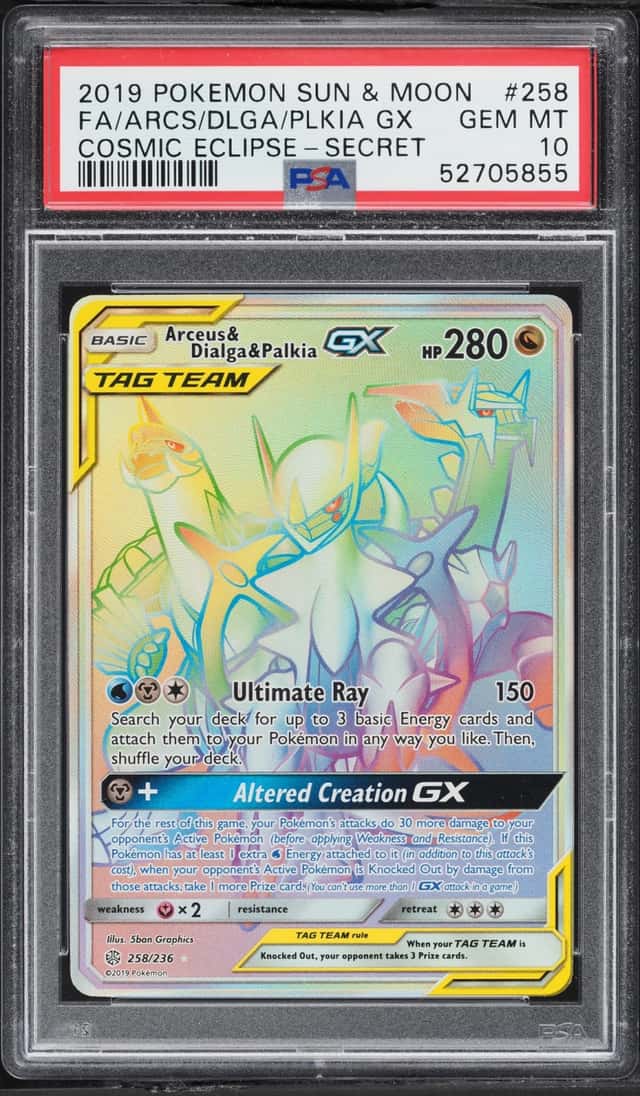 2019 Pokemon Sun & Moon Cosmic Eclipse Rainbow Rare Arceus & Dialga & Palkia GX #258 PSA 10 GEM