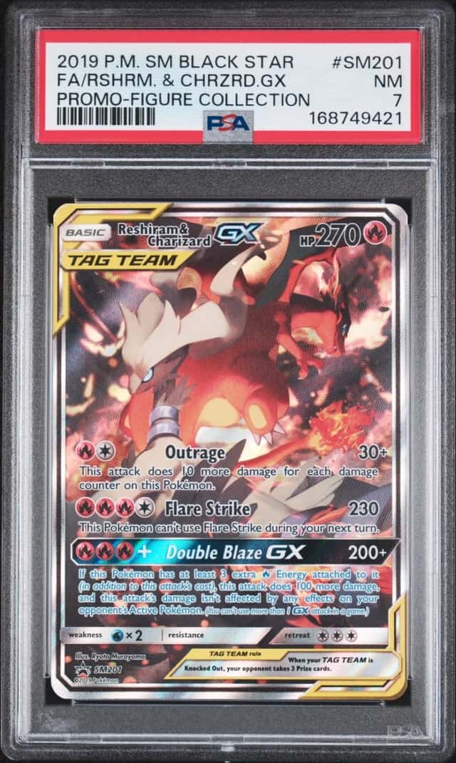 2019 POKEMON SM BLACK STAR PROMO #SM201 FULL ART/RESHIRAM & CHARIZARD GX PSA 7