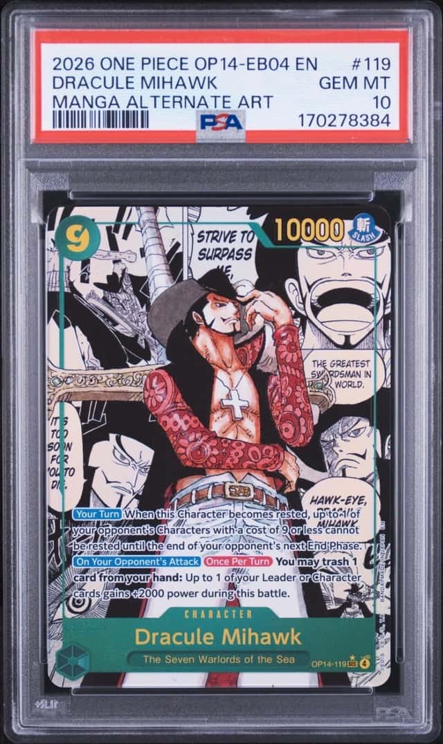 2026 ONE PIECE THE AZURE SEA'S SEVEN MANGA ALT ART #119 DRACULE MIHAWK PSA 10
