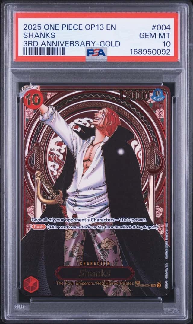 2025 ONE PIECE OP13-CARRYING ON HIS WILL 3RD ANNIVERSARY-GOLD #004 SHANKS PSA 10