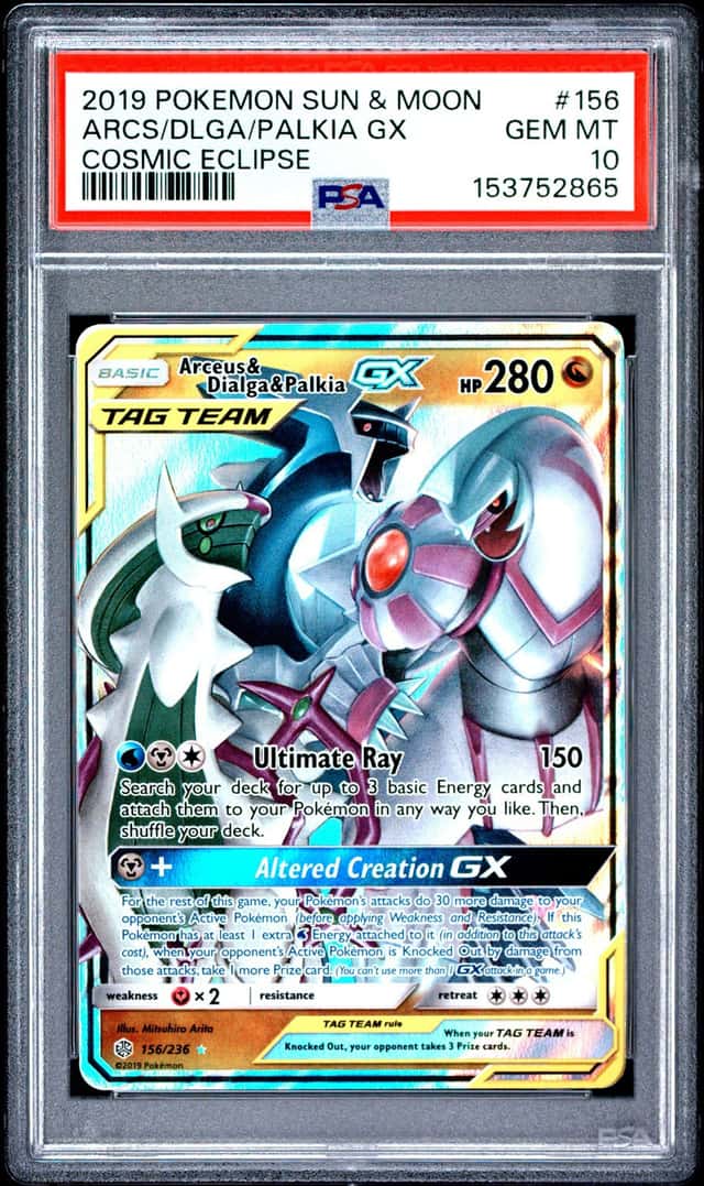2019 POKEMON SUN & MOON COSMIC ECLIPSE #156 ARCEUS & DIALGA & PALKIA GX PSA 10