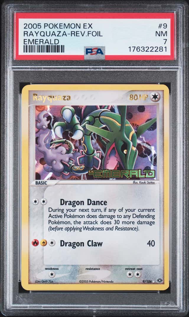 2005 POKEMON EX EMERALD #9 RAYQUAZA-REVERSE FOIL PSA 7