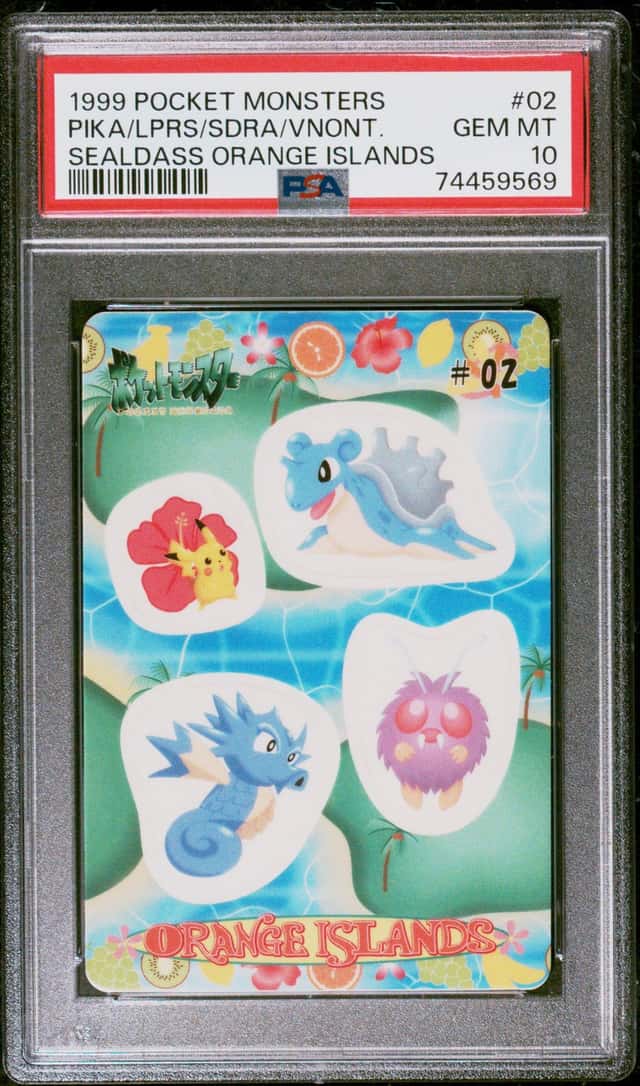 1999 POCKET MONSTERS SEALDASS ORANGE ISLANDS #02 PIKA/LPRS/SDRA/VNONT. PSA 10