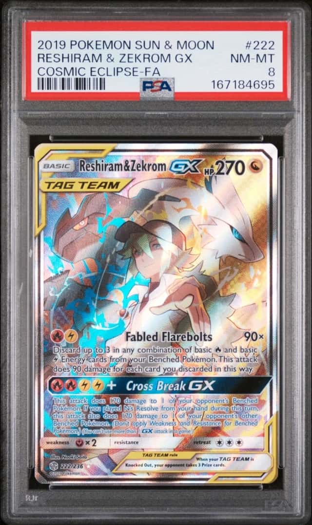 2019 POKEMON SUN & MOON COSMIC ECLIPSE #222 FULL ART/RESHIRAM & ZEKROM GX PSA 8