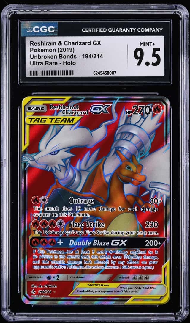 2019 Pokemon Sun & Moon Unbroken Bonds Full Art Reshiram & Charizard GX #194 CGC 9.5 MINT+